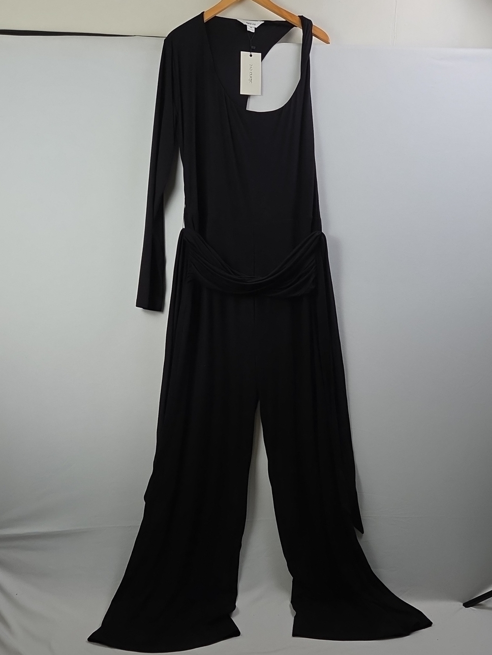 Alana Eve Simone One Shoulder Long-Sleeve Wide-Leg Draped Jumpsuit Black Sz 3X